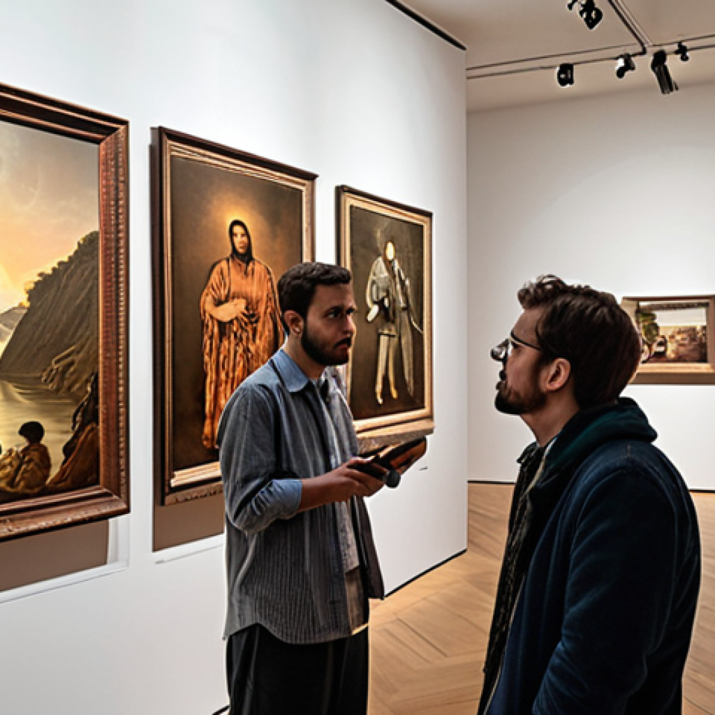 **An art gallery opening with a digital art installation; a guest intensely studying the algorithm projected on the wall, while other attendees observe traditional paintings with skeptical expressions.** (This captures the tension between traditional and AI art)