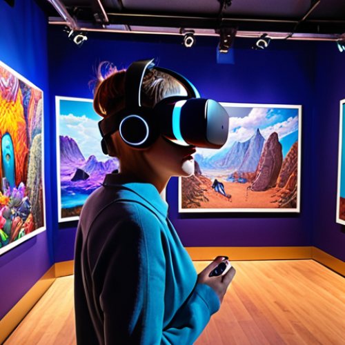 **A virtual reality art exhibition:** *An immersive VR art experience where visitors interact with 3D paintings and sculptures in a futuristic gallery setting. Focus on the vibrant colors and the sense of wonder and exploration.*
