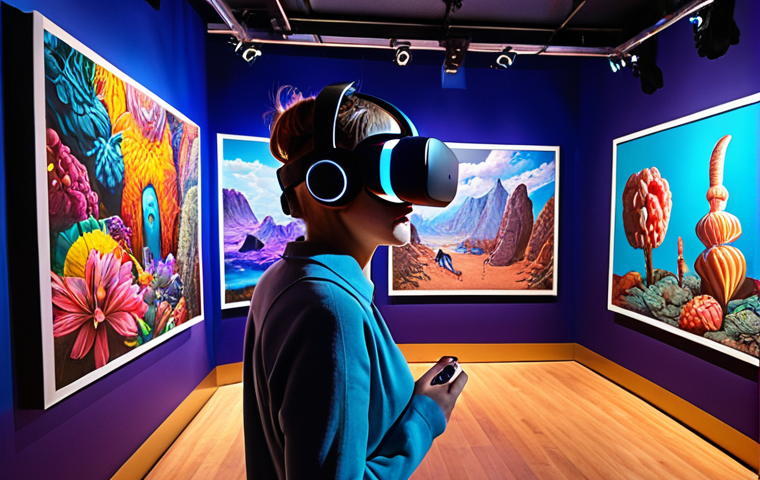 **A virtual reality art exhibition:** *An immersive VR art experience where visitors interact with 3D paintings and sculptures in a futuristic gallery setting. Focus on the vibrant colors and the sense of wonder and exploration.*