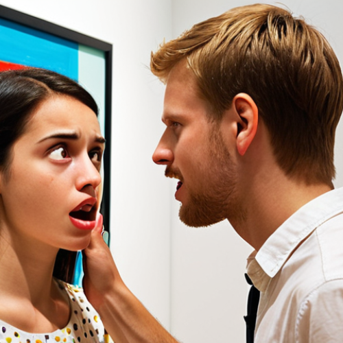 **

A young, enthusiastic art critic passionately explaining the meaning of an abstract painting to a skeptical visitor in a modern art gallery. Focus on capturing the visitor's changing expression as they begin to understand the artwork. Bright, vibrant colors.

**