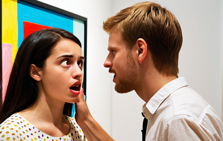 **

A young, enthusiastic art critic passionately explaining the meaning of an abstract painting to a skeptical visitor in a modern art gallery. Focus on capturing the visitor's changing expression as they begin to understand the artwork. Bright, vibrant colors.

**